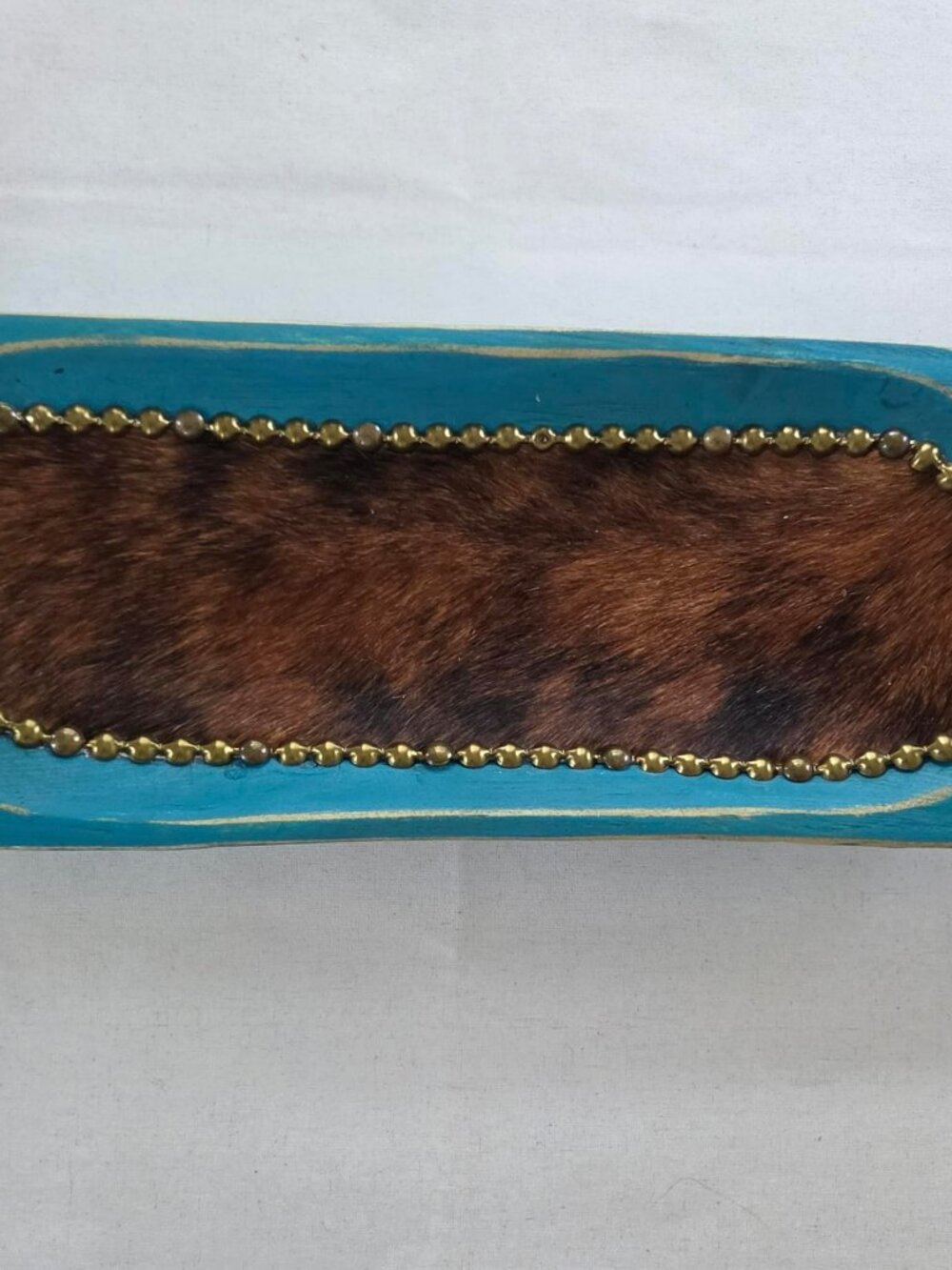 Handmade Mexican Rectangular Decorative Tray with Blue and Cowhide Accent